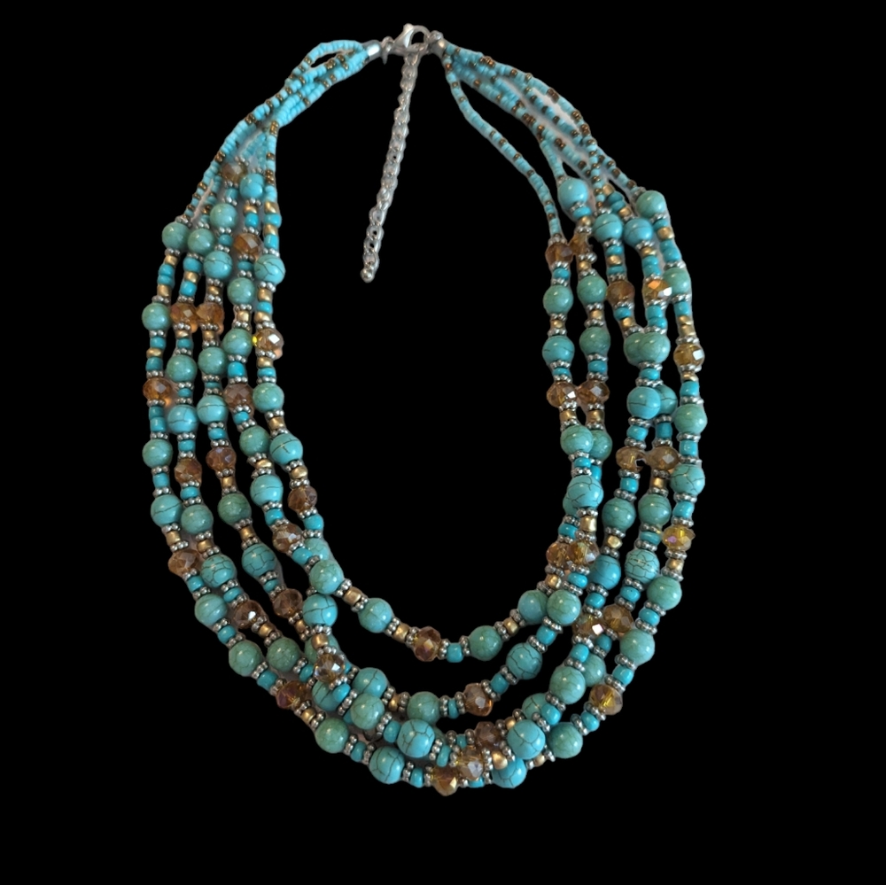 Vintage Faux Turquoise Beaded 5 Stranded Adjustable Necklace